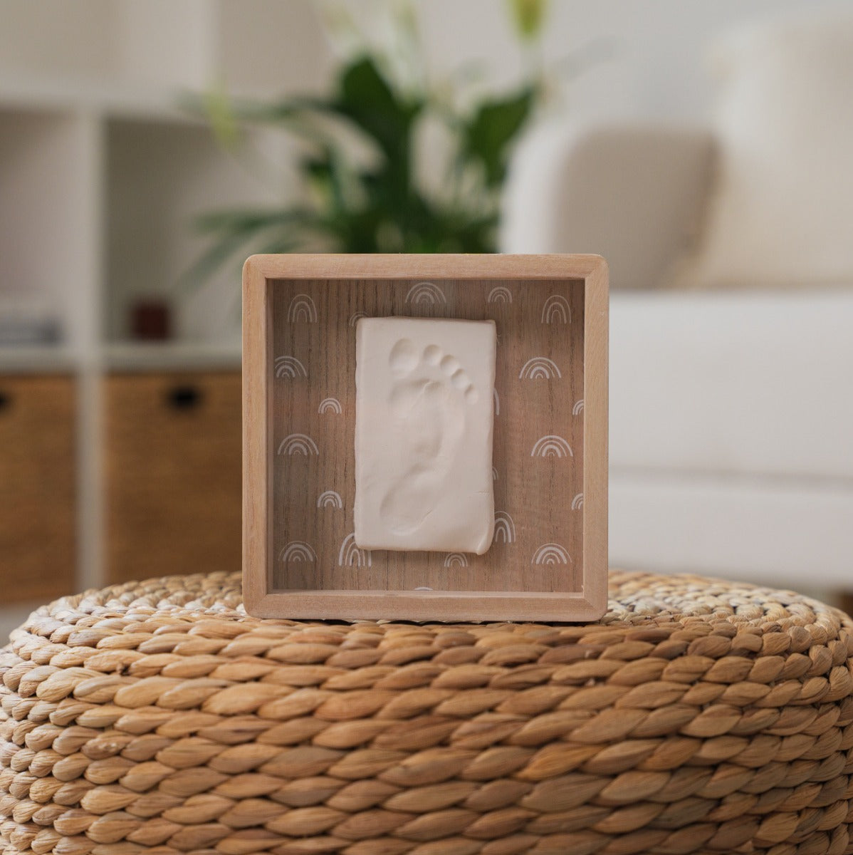 Print Box with Clay imprint of baby on a stool