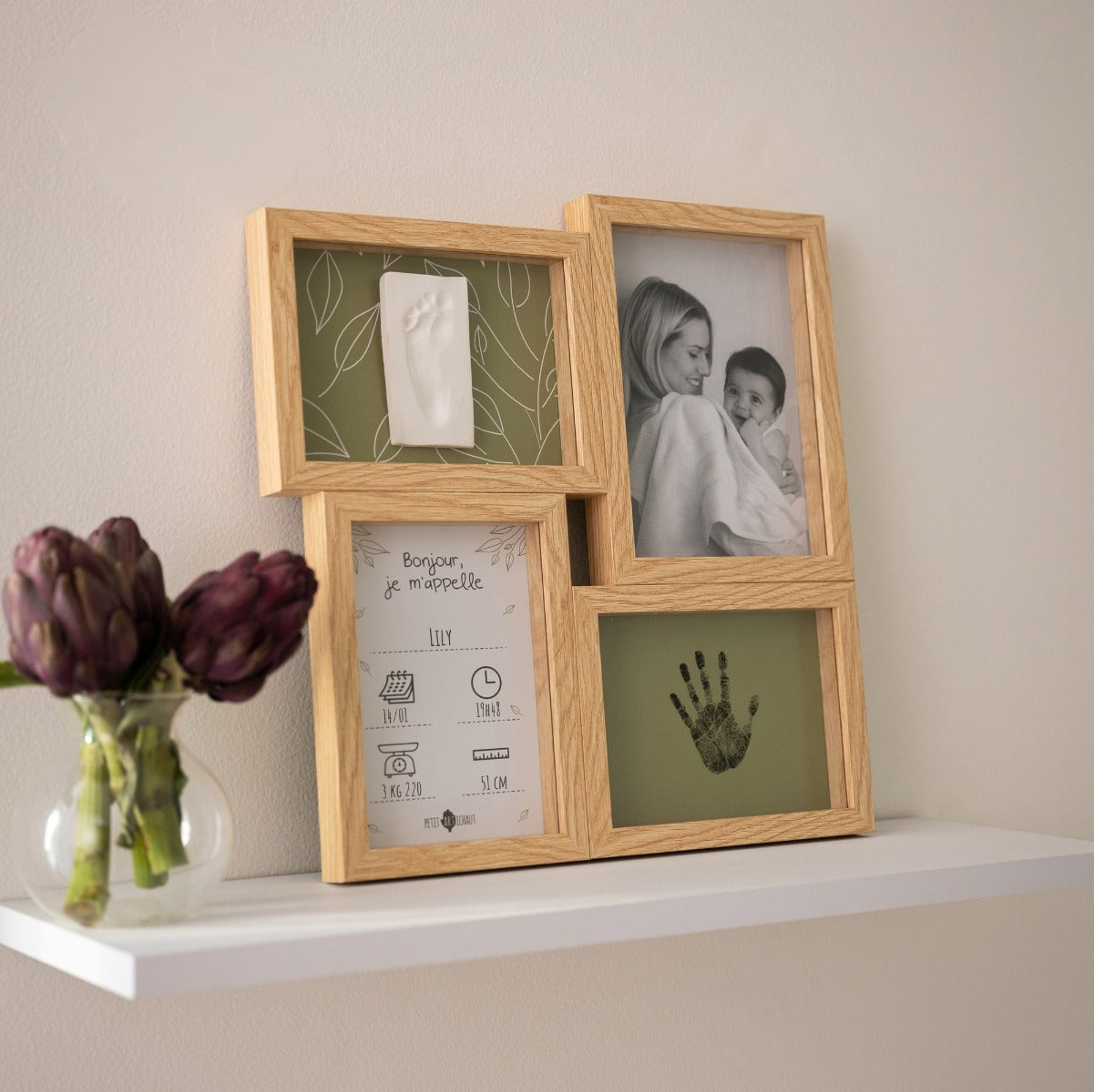 Petit Artichaut puzzle frames baby imprint keepsake with olive tree background on a table