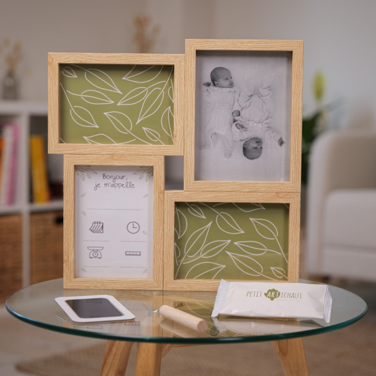 Petit Artichaut puzzle frames baby imprint keepsake with olive tree background on a coffee table