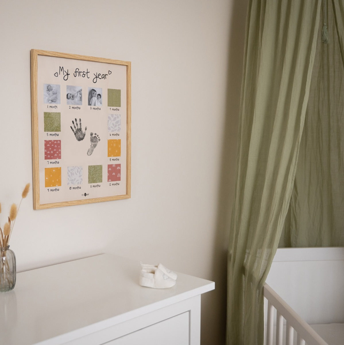 Baby one year memory photos frame in nursery on wall
