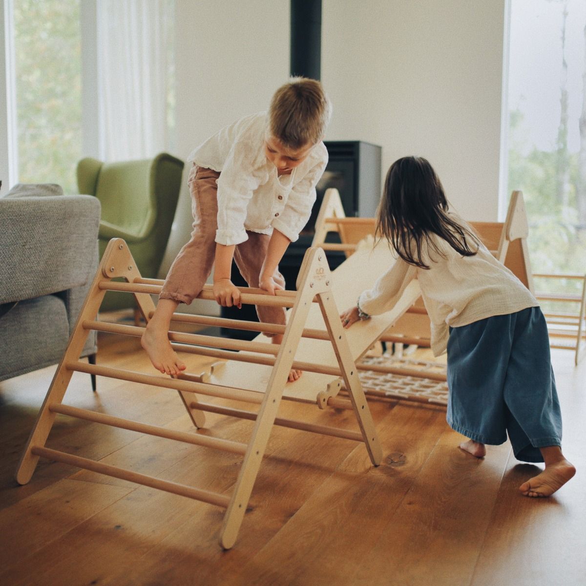Two Children Playing On Kinderfeets Pikler Triangle Medium 