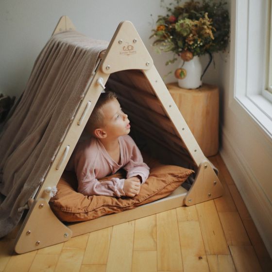 Child Laying inside Toddler Playing On Kinderfeets Pikler Triangle Large 