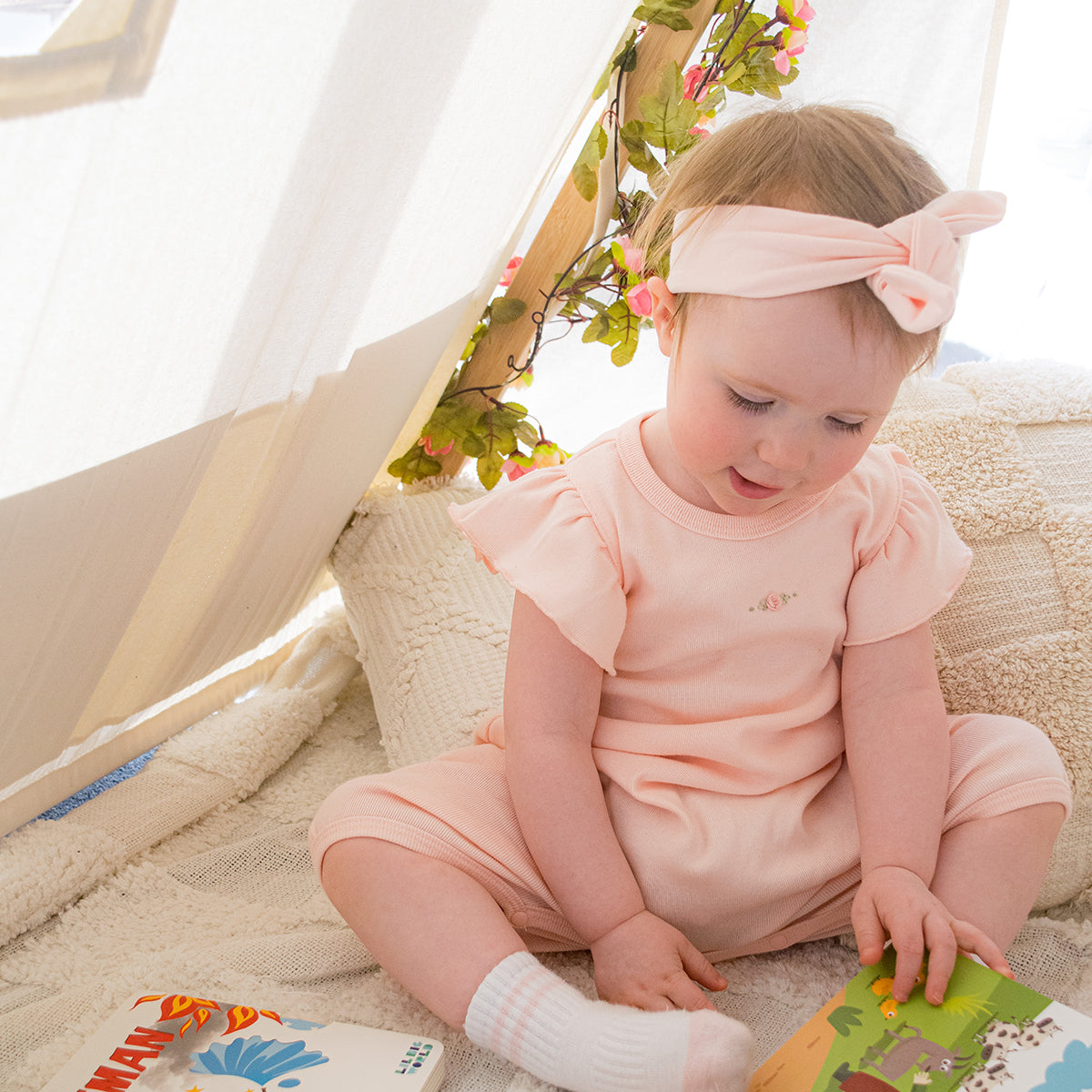 Dimples pastel skies cotton frill sleeve romper pink rose paired with headband