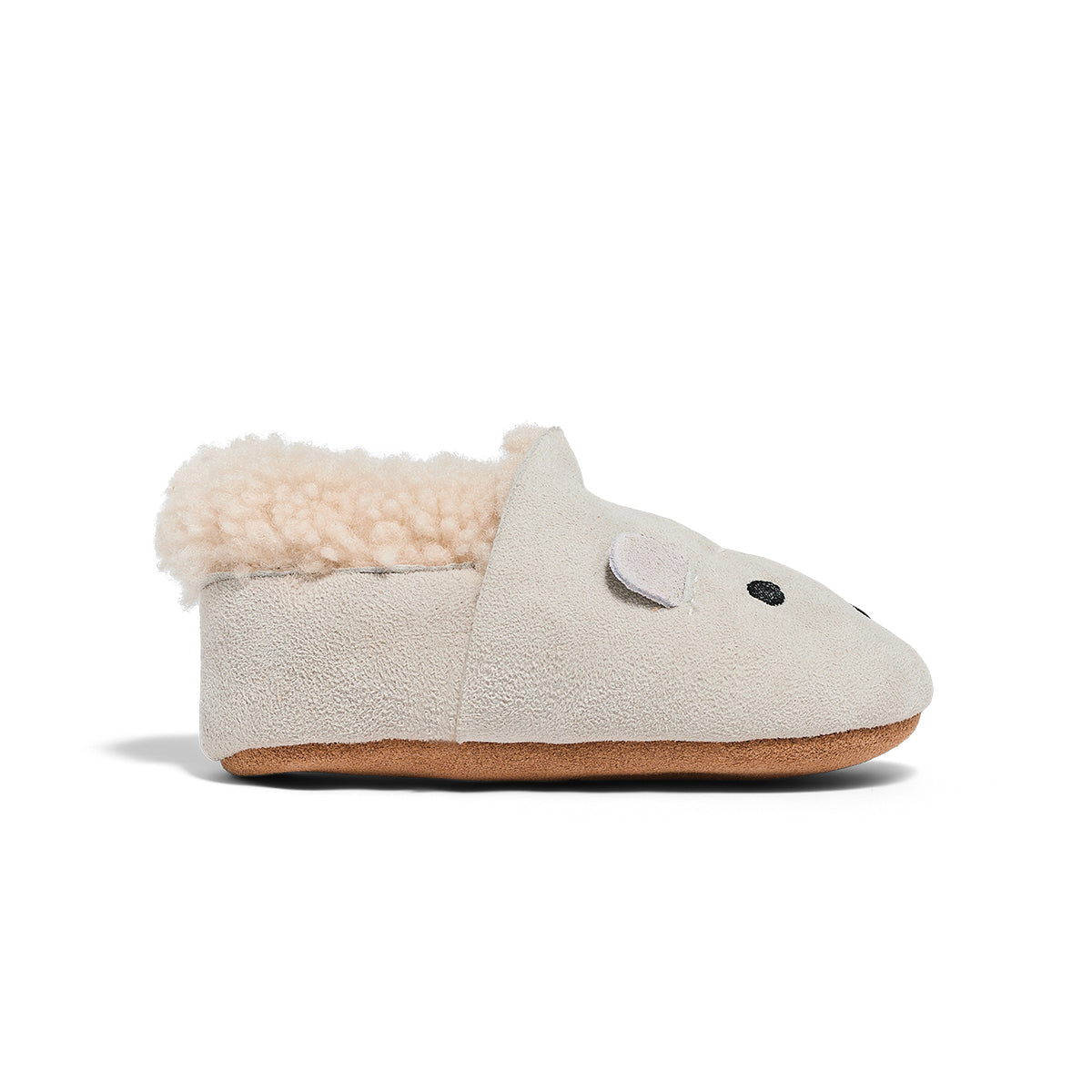 Side view of winter cosy fur baby shoes