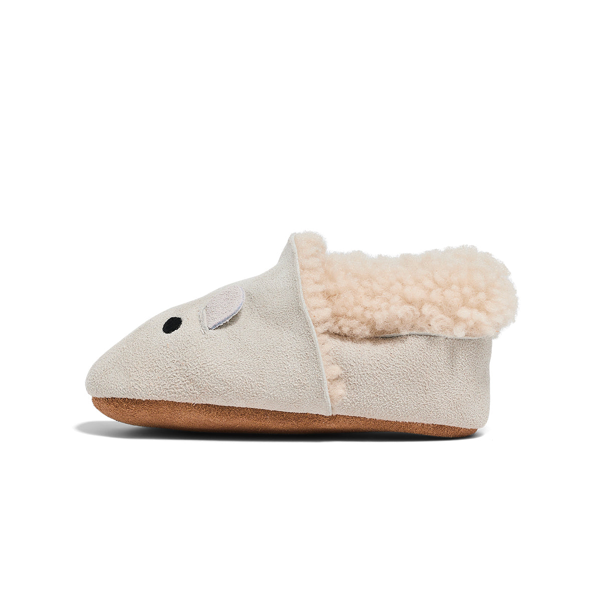 Side view of winter cosy fur baby shoes