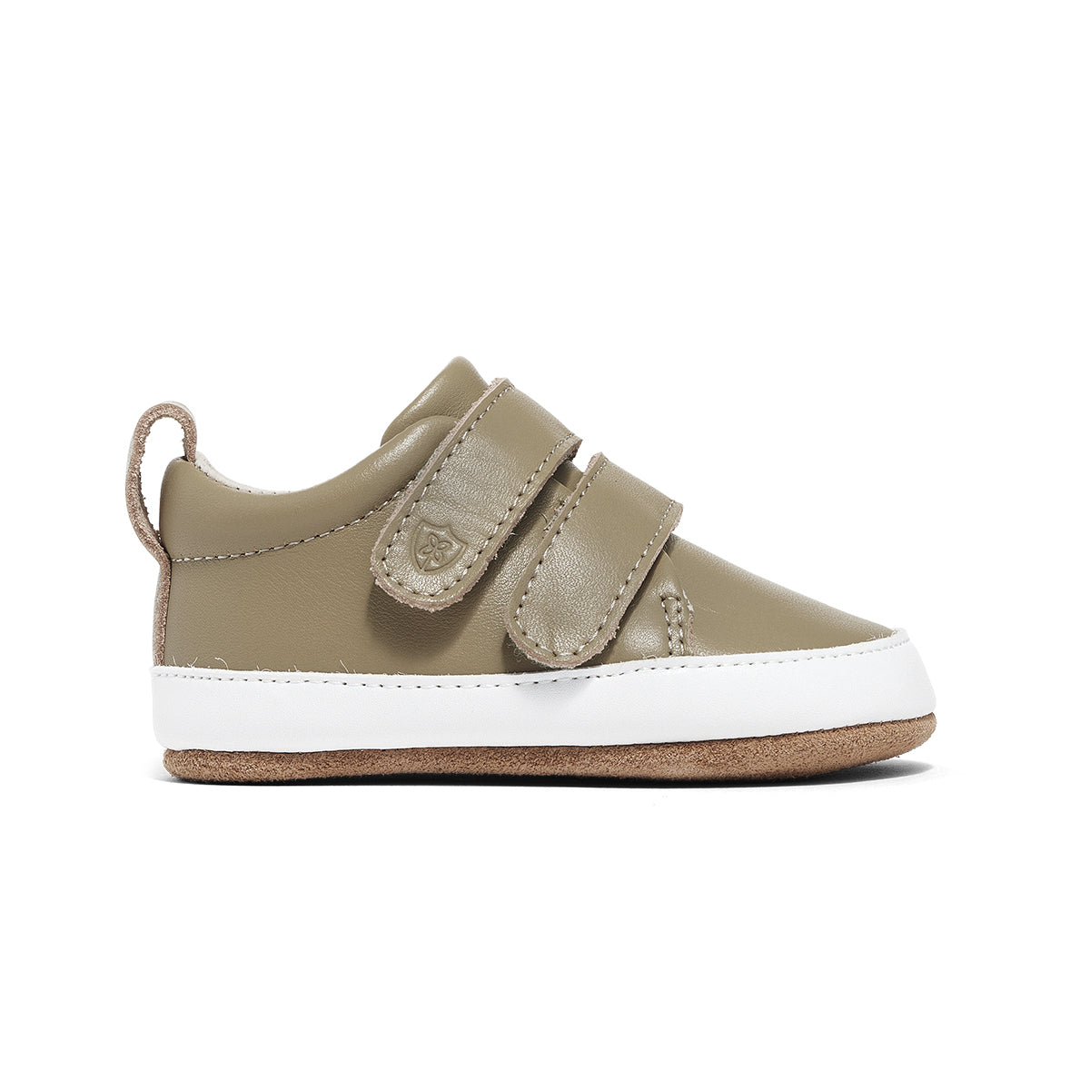 sage baby leather shoes with Velcro side view