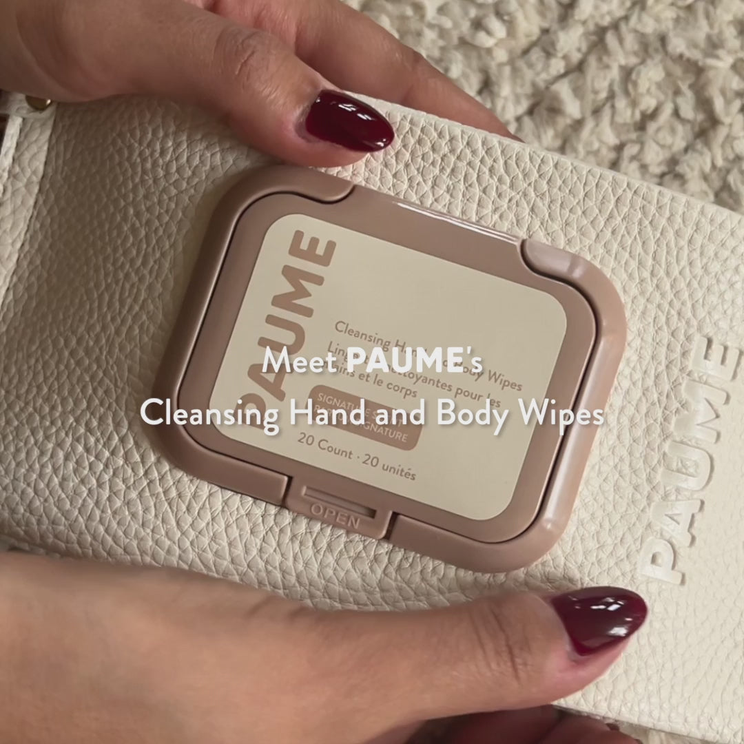 Load video: Paume Cleansing Hand &amp; Body Wipes and Travel Case Bundle