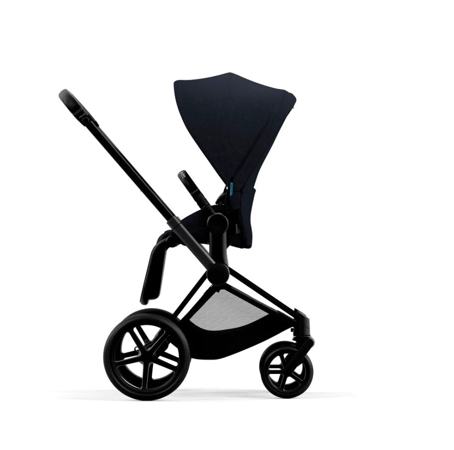 Priam Pram 2022. Matt Black + Midnight Blue Plus by Cybex side view