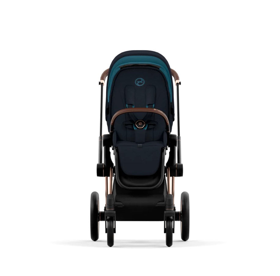 Priam Pram 2022. Rose Gold + Midnight Blue Plus facing forward
