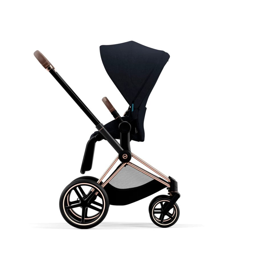 Priam Pram 2022. Rose Gold + Midnight Blue Plus side view