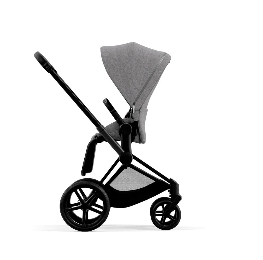 Priam Pram 2022. Matt Black + Manhattan Grey Plus front side view