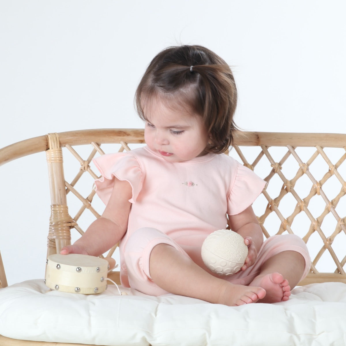 Dimples collection pastel skies cotton frill sleeve romper pink rose