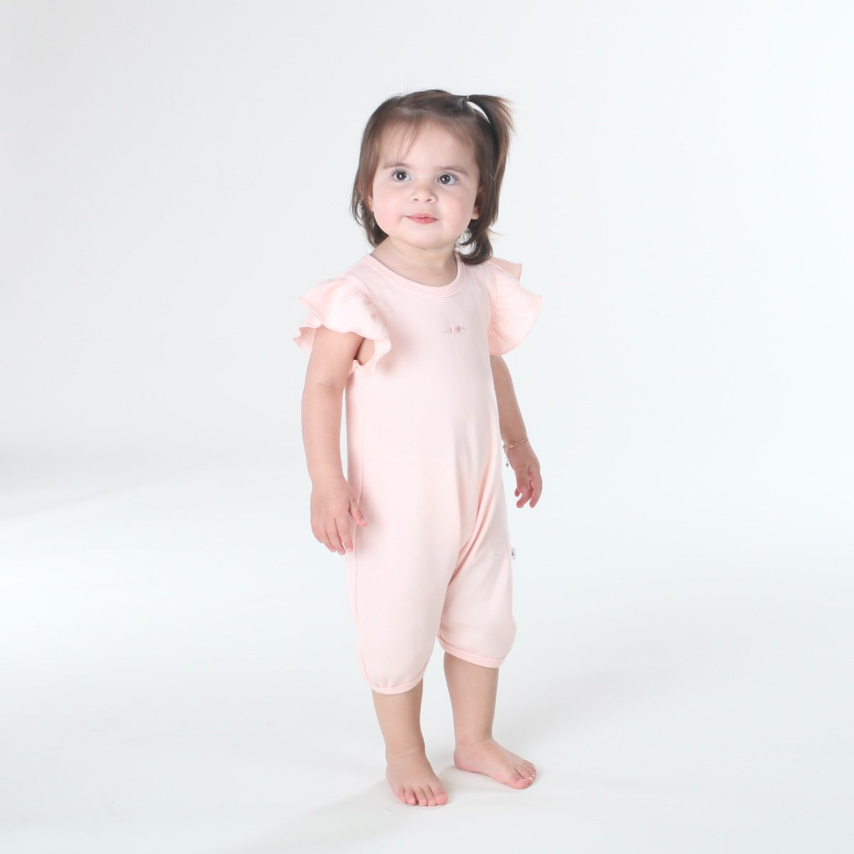 Dimples collection pastel skies cotton frill sleeve romper pink rose