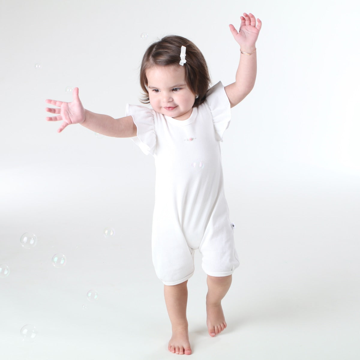 Dimples summer 2022/23 collection pastel skies cotton frill sleeve romper white rose