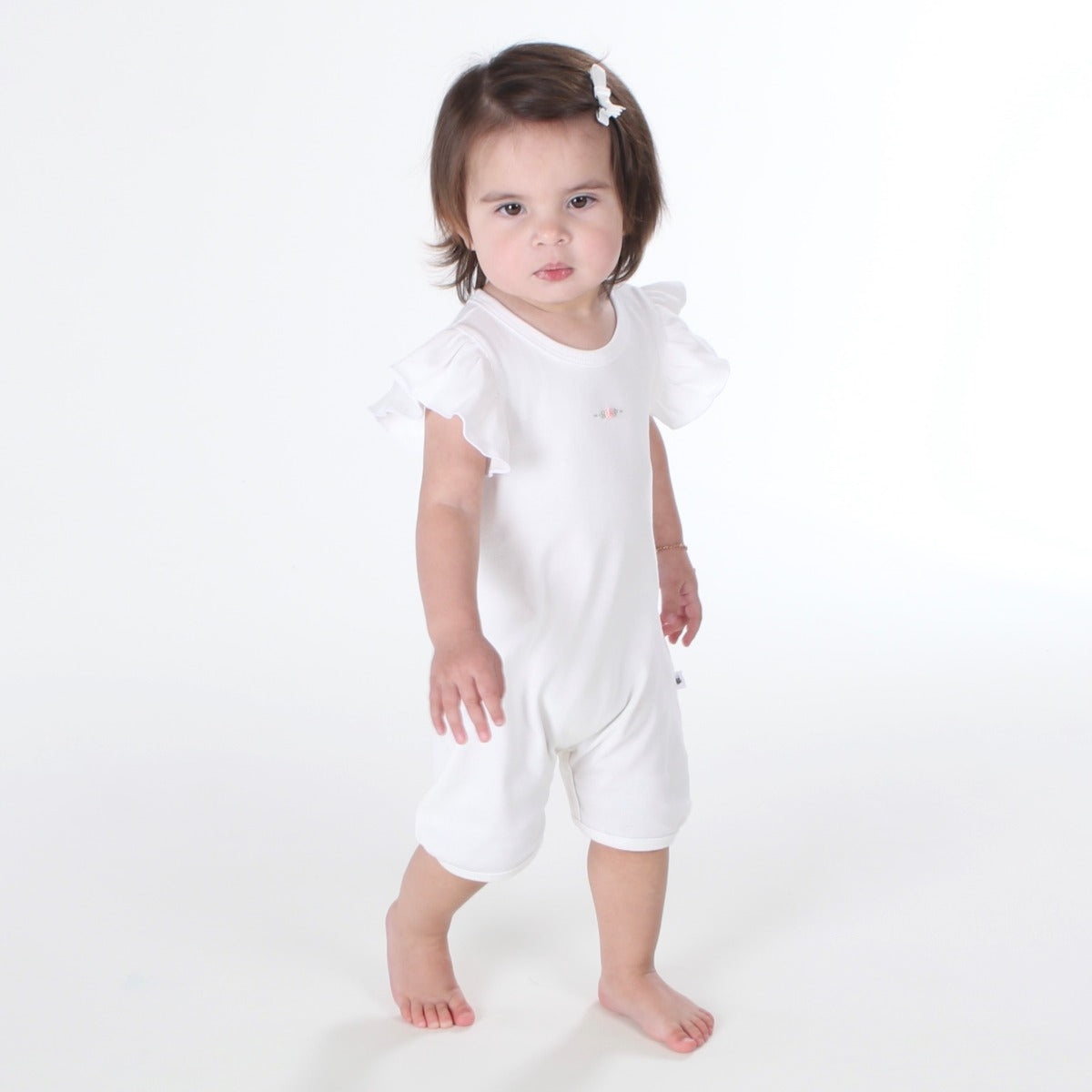 Dimples summer 2022/23 collection pastel skies cotton frill sleeve romper white rose