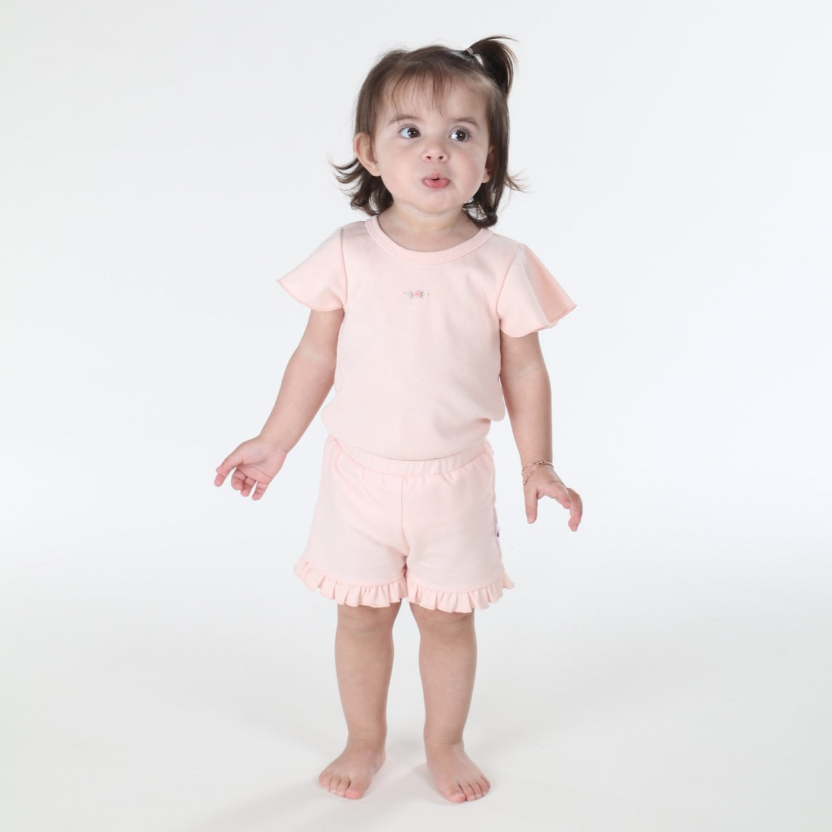 Dimples summer 2022/23 collection pastel skies cotton petal sleeve bodysuit in pink 