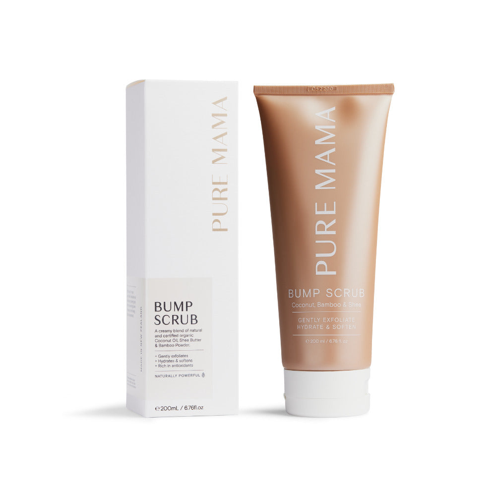 pure mama bump scrub in brown tube along side white packing showcasing ingredients