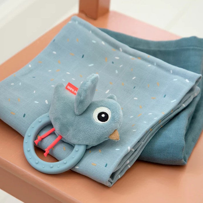 Sensory Rattle with teether Birdee Blue done by deer on towel