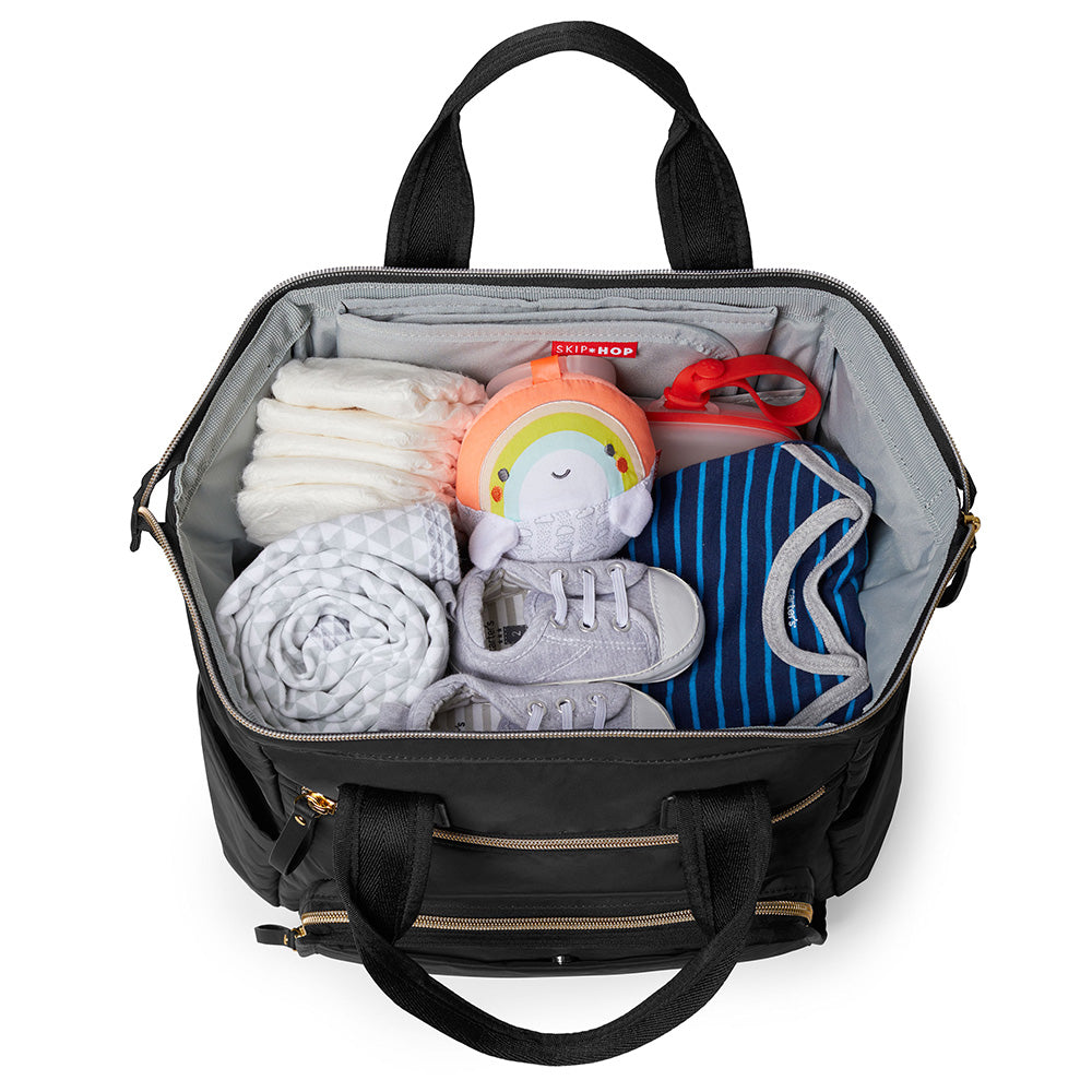 Main Frame Wide Open Backpack from Skip Hop in black inside view