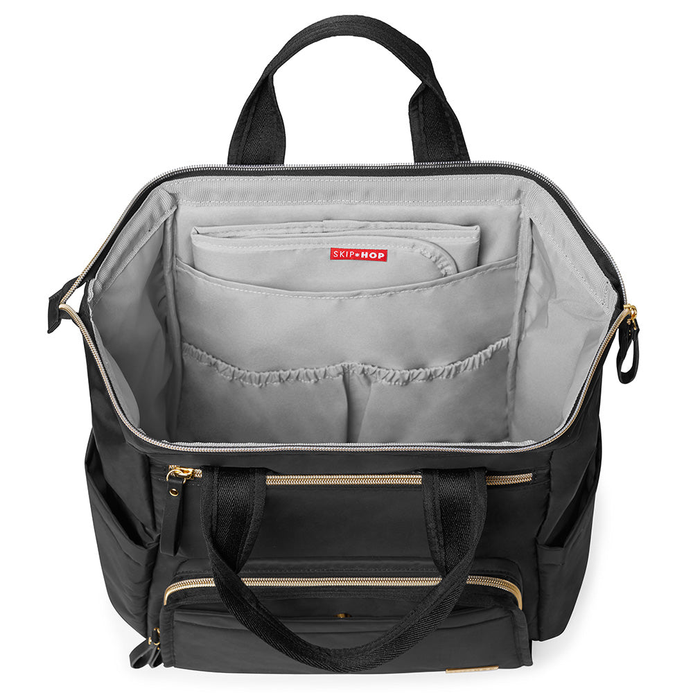 Main Frame Wide Open Backpack from Skip Hop in black compartments