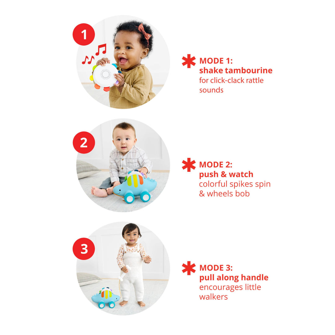 Skip Hop Explore & More Dinosaur 3-In-1 Baby Musical Pull Toy features