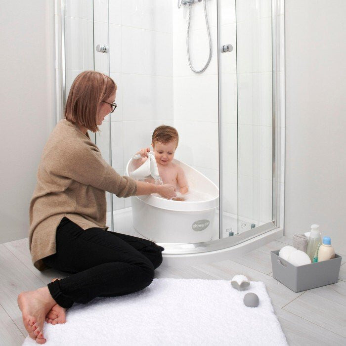 Shnuggle toddler bath in white grey with mum and baby in shower