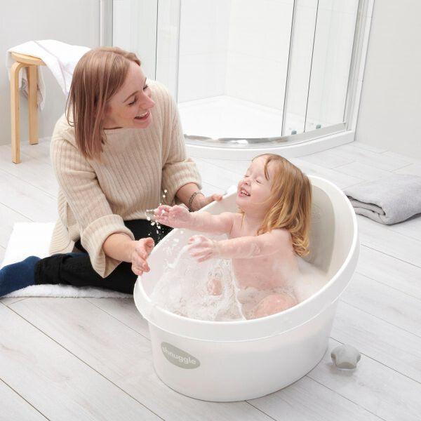 Shnuggle toddler bath in white grey with mum and baby