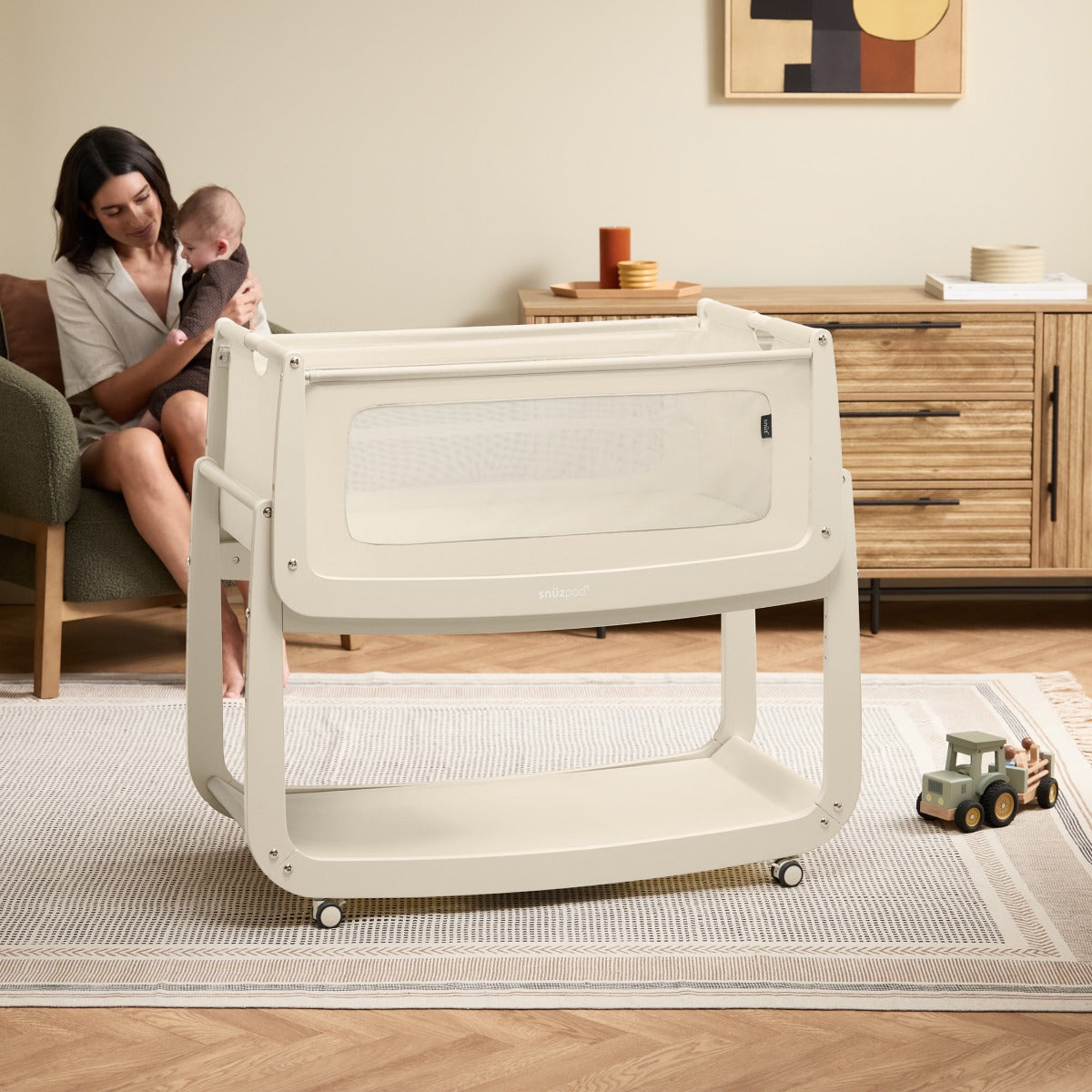 Snuzpod 5 Cashmere Wood Frame Bedside Baby Crib in nursery