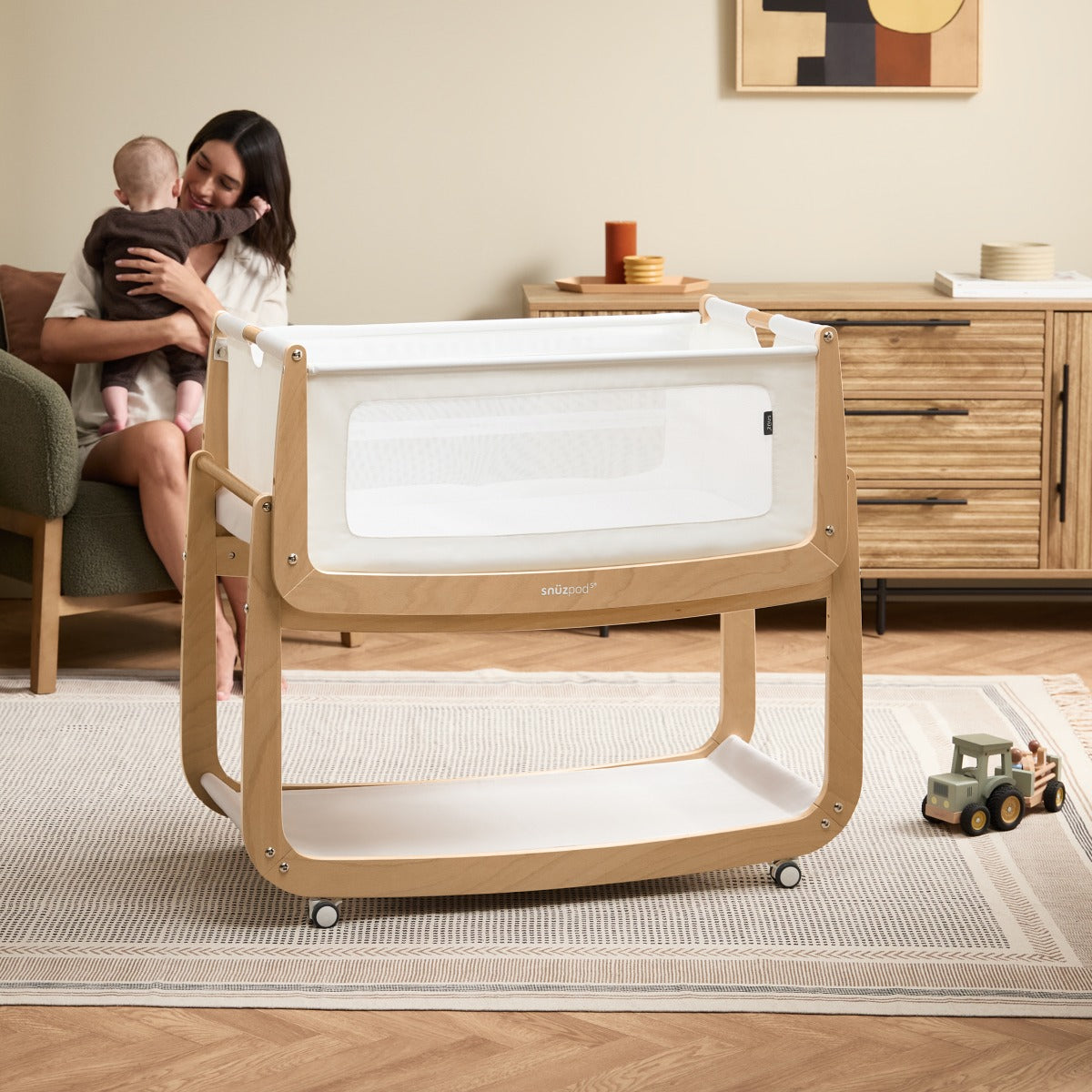 Snuzpod 5 Natural Wood Frame Bedside Baby Crib