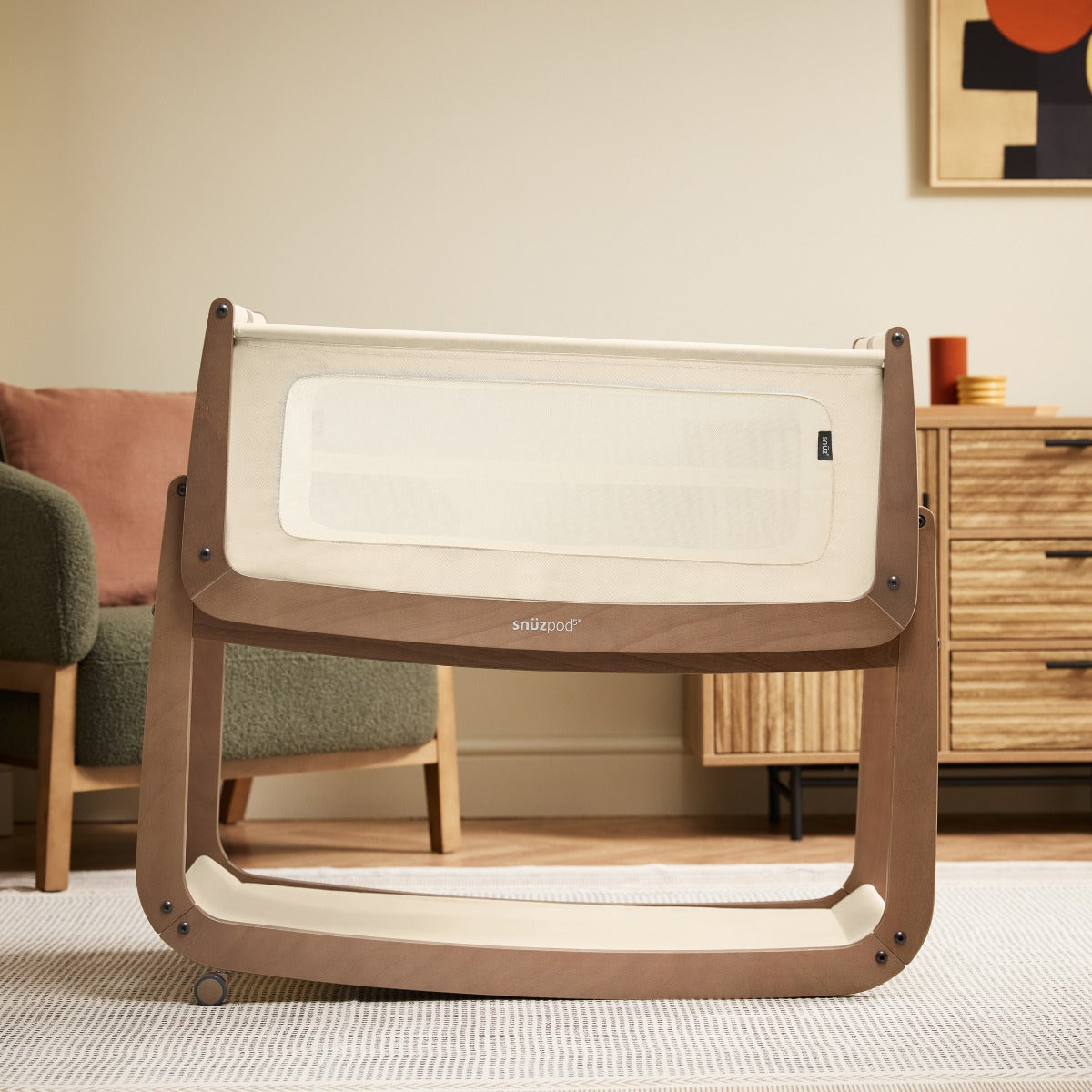 Snuzpod 5 Walnut Wood Frame Bedside Baby Crib rocking