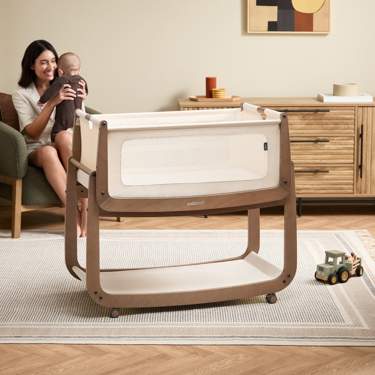 Snuzpod 5 Walnut Wood Frame Bedside Baby Crib in Nursery