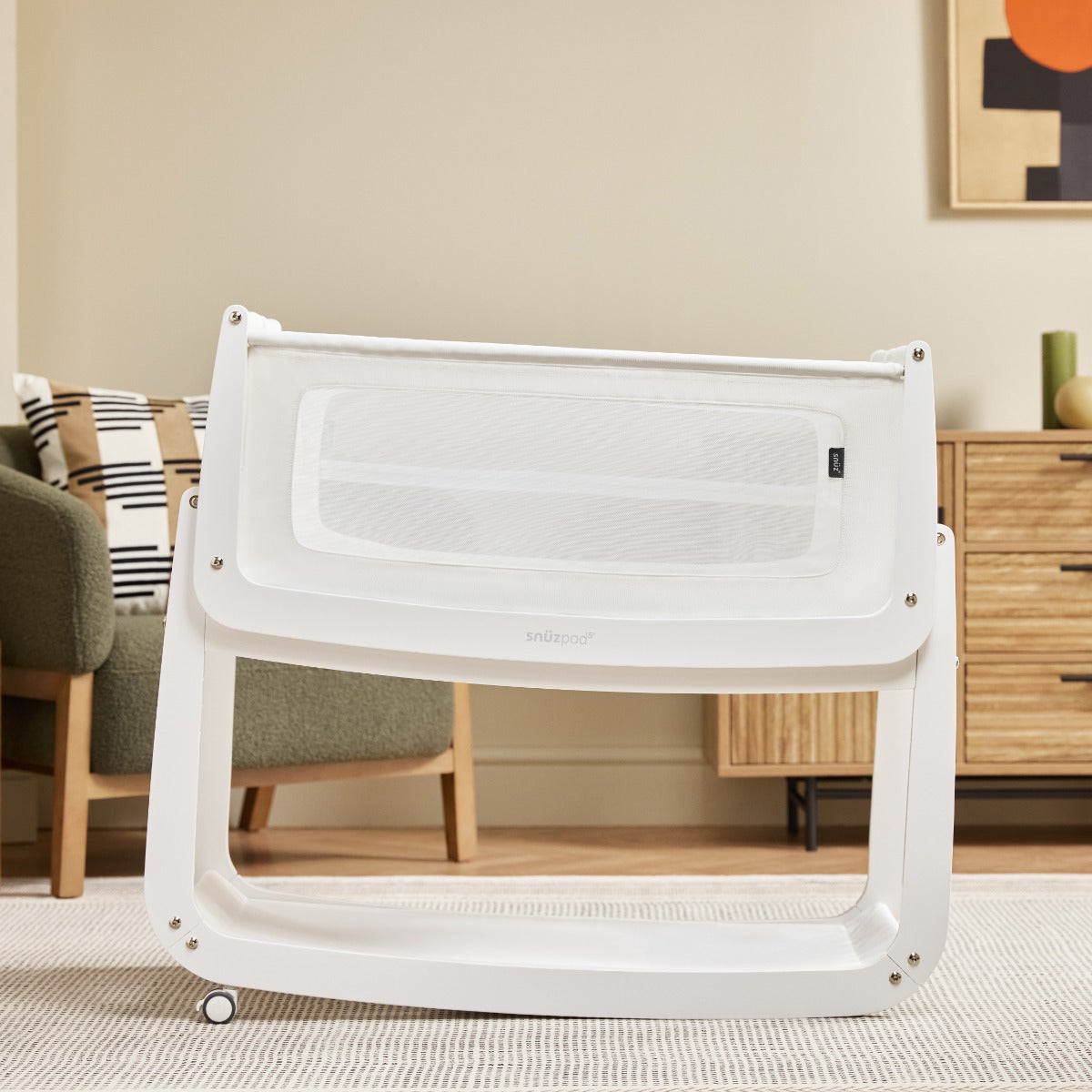 Snuzpod 5 White Wood Frame Bedside Baby Crib rocking