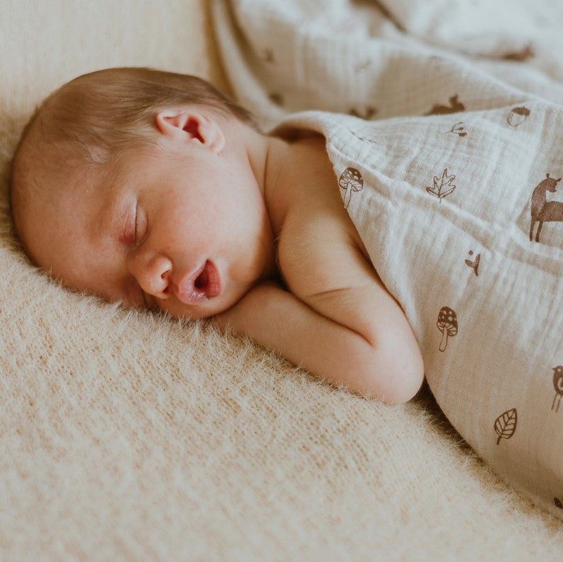 Over the Dandelions Muslin Swaddle in woodland print