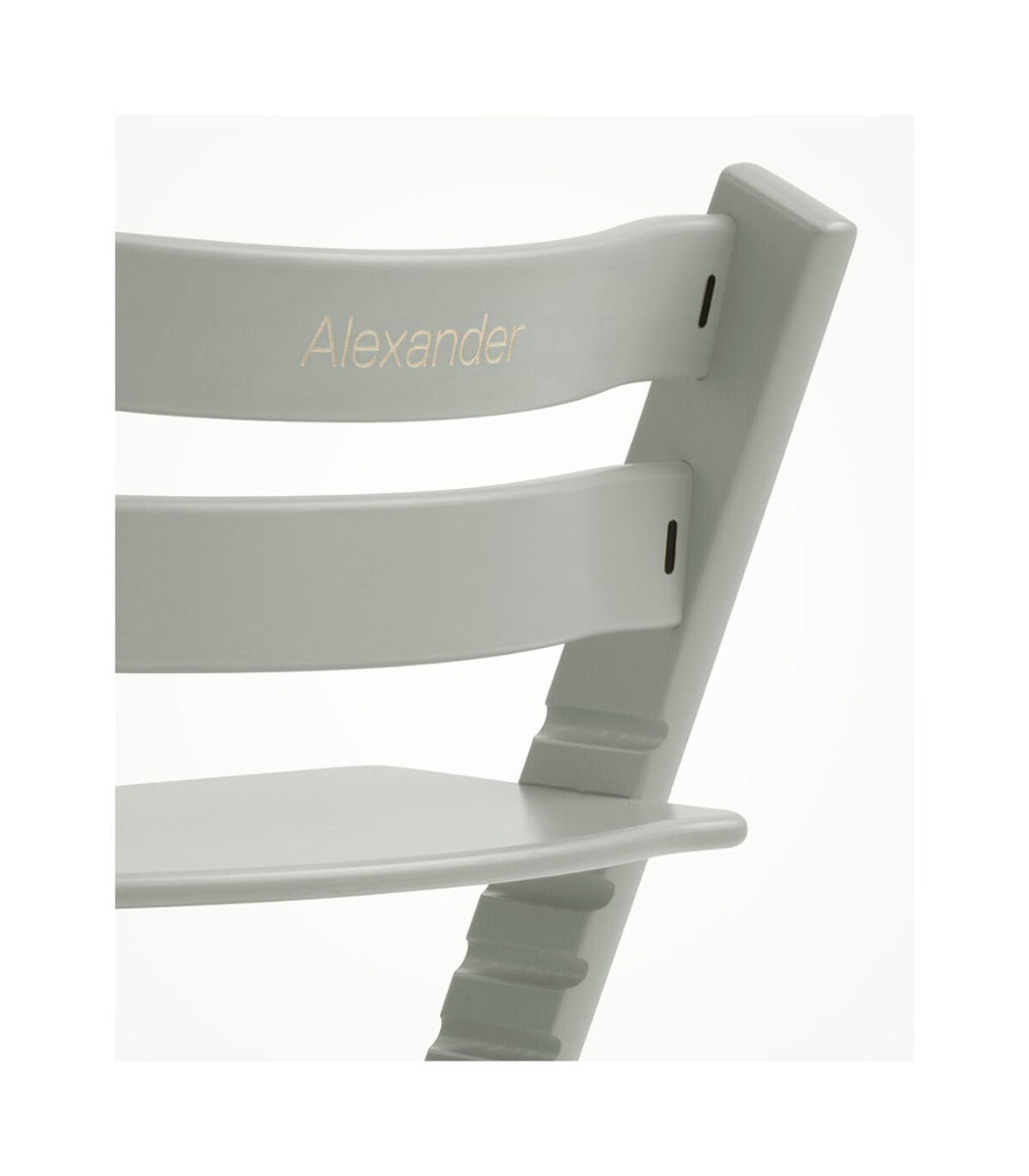 Stokke tripp trapp highchair in Glacier Green close up with name engraved