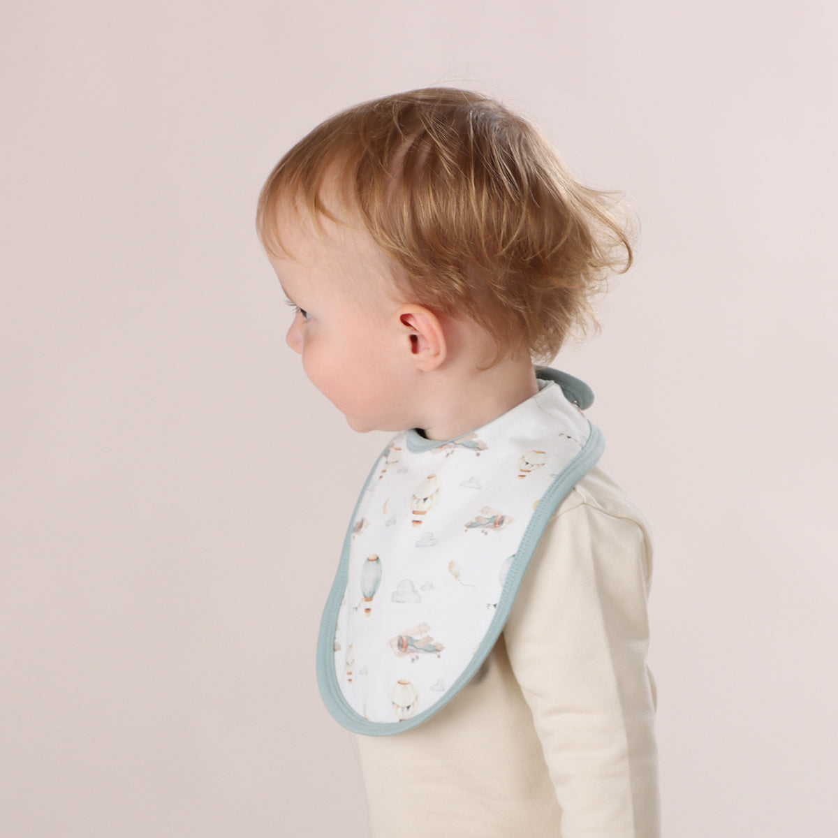 Baby wearing Embroidered Cotton Bib with balloon, plane and cloud print