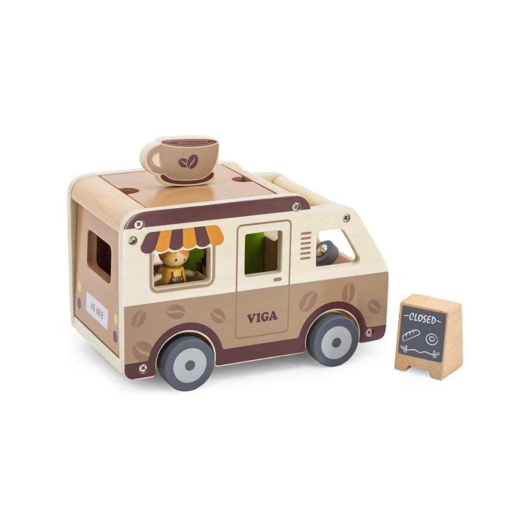 Viga Coffee Truck parked up kids activity toy with toy pastries, chalkboard, human figurine, toy coffee cup