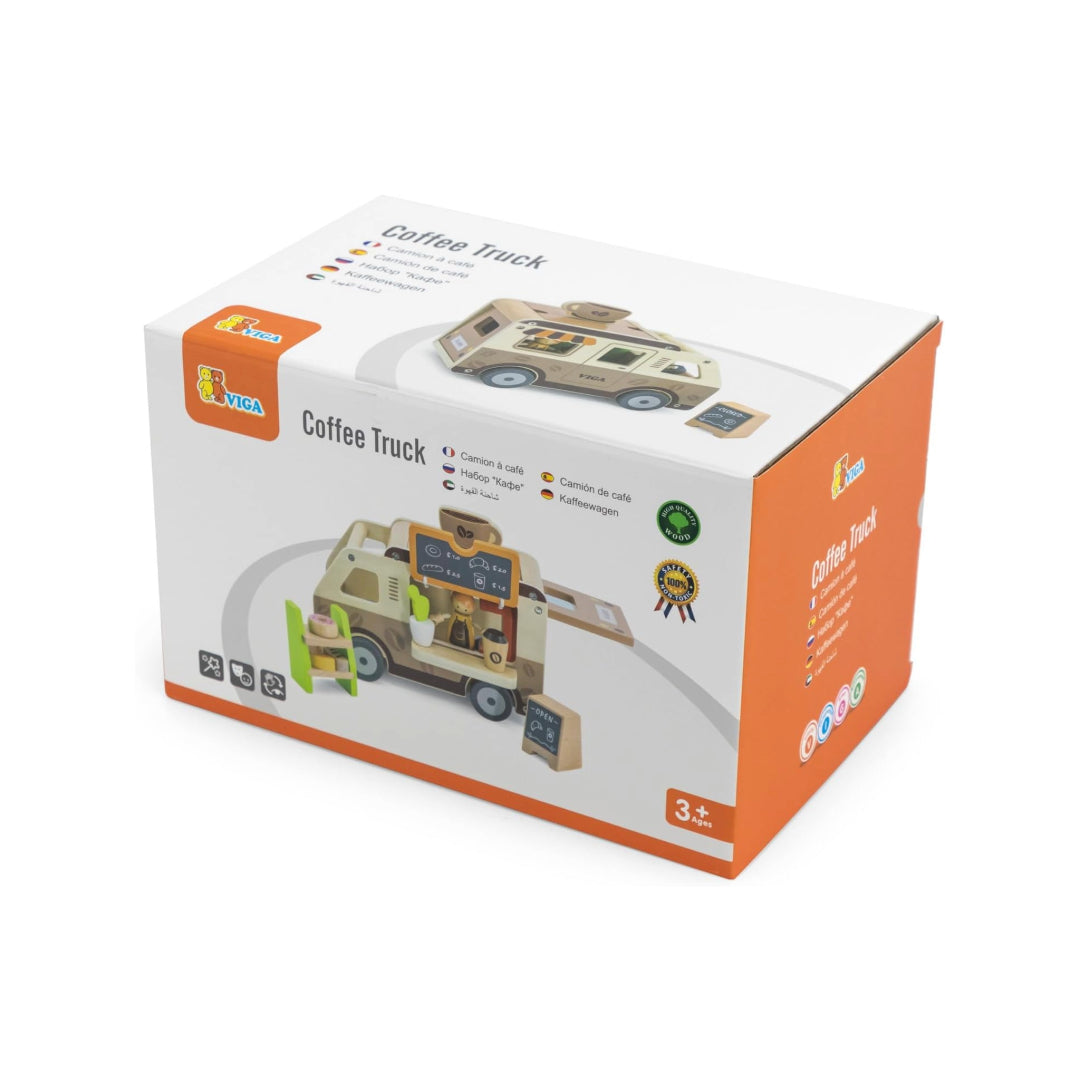 Viga Coffee Truck parked up kids activity toy with toy pastries, chalkboard, human figurine, toy coffee cup