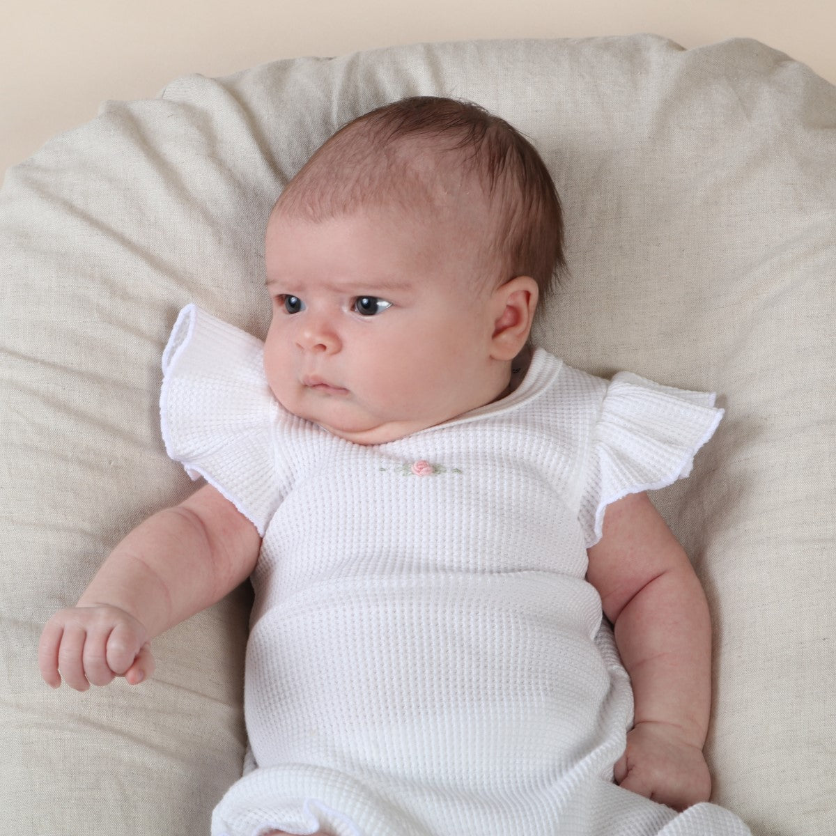 cotton frill romper in white rose waffle
