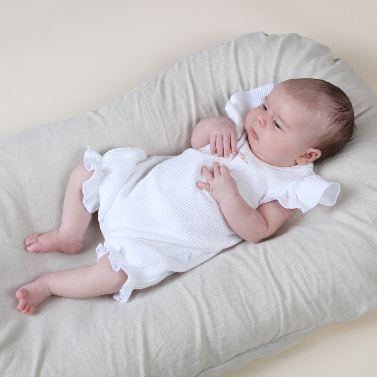 cotton frill romper in white rose waffle