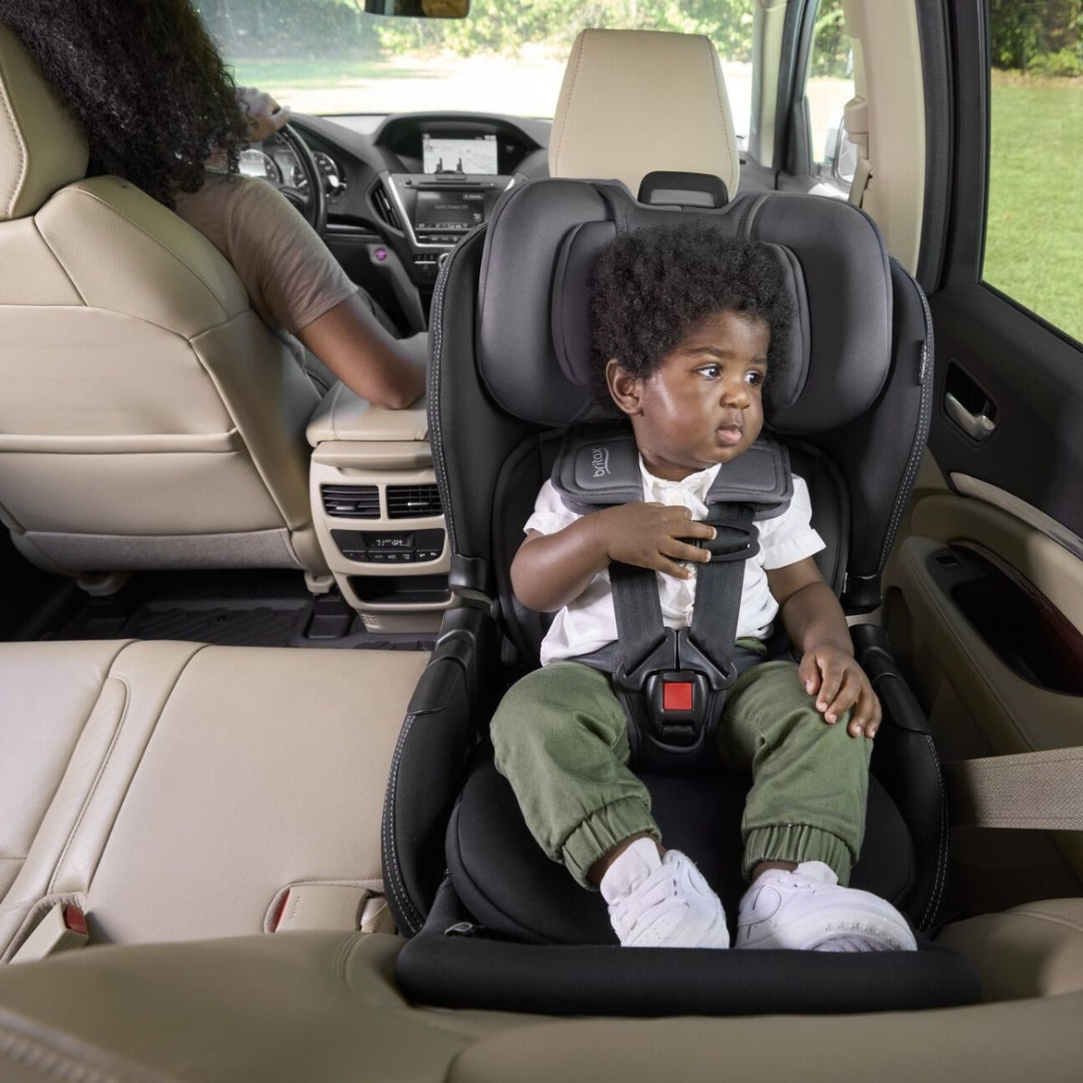 Baby seating in Poplar S car seat in stone onyx from Britax in rear facing